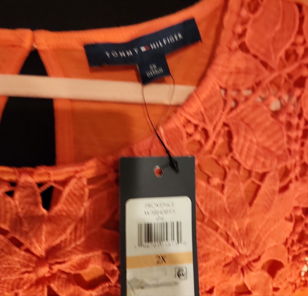 Tommy Hilfiger Women's 2X Crochet Yoke Short Sleeve Top in Coral Orange NWT - Picture 7 of 9
